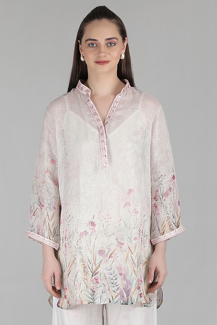 Ivory Lurex Linen & Cotton Linen Printed Co-Ord Set by Mandira Wirk - Resort at Pernia's Pop Up Shop