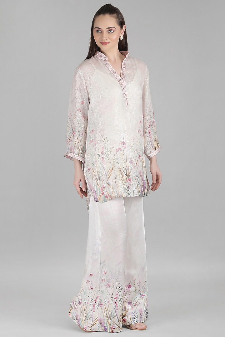 Ivory Lurex Linen & Cotton Linen Printed Co-Ord Set by Mandira Wirk - Resort at Pernia's Pop Up Shop