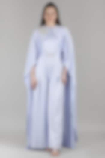 Blue Satin Embellished Cape Jumpsuit by Mandira Wirk - Resort at Pernia's Pop Up Shop