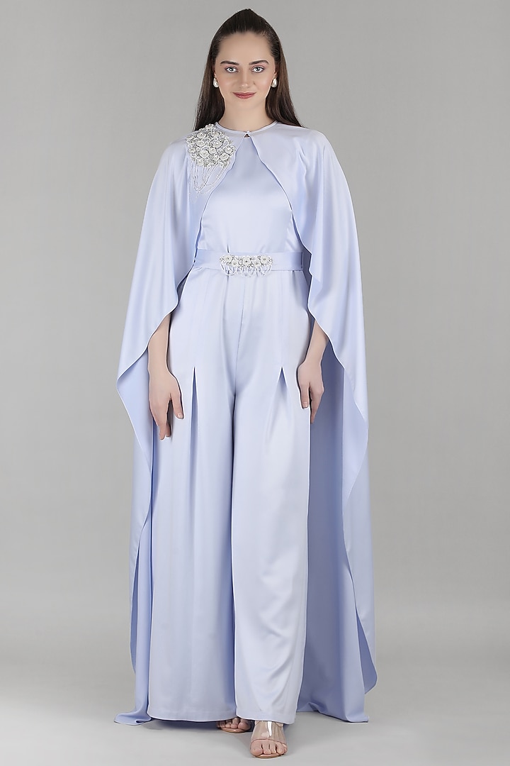 Blue Satin Embellished Cape Jumpsuit by Mandira Wirk - Resort at Pernia's Pop Up Shop