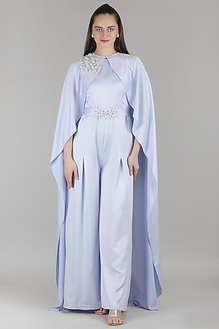 Blue Satin Embellished Cape Jumpsuit by Mandira Wirk - Resort