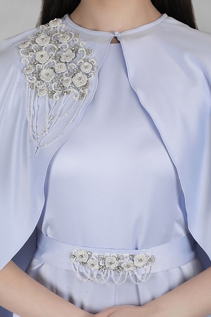 Blue Satin Embellished Cape Jumpsuit by Mandira Wirk - Resort at Pernia's Pop Up Shop