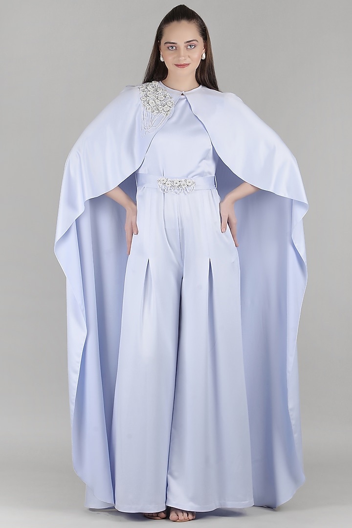 Blue Satin Embellished Cape Jumpsuit by Mandira Wirk - Resort at Pernia's Pop Up Shop
