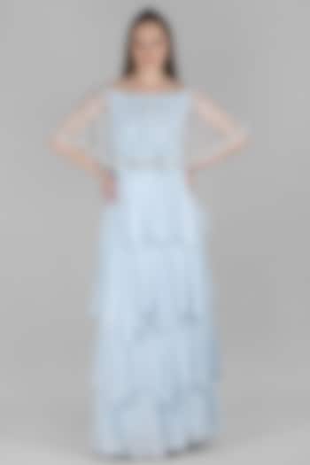 Blue Viscose Chiffon Embellished Tiered Cocktail Dress by Mandira Wirk - Resort at Pernia's Pop Up Shop
