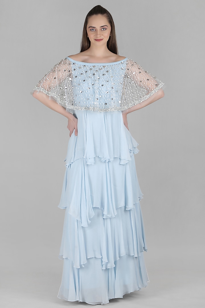 Blue Viscose Chiffon Embellished Tiered Cocktail Dress by Mandira Wirk - Resort at Pernia's Pop Up Shop