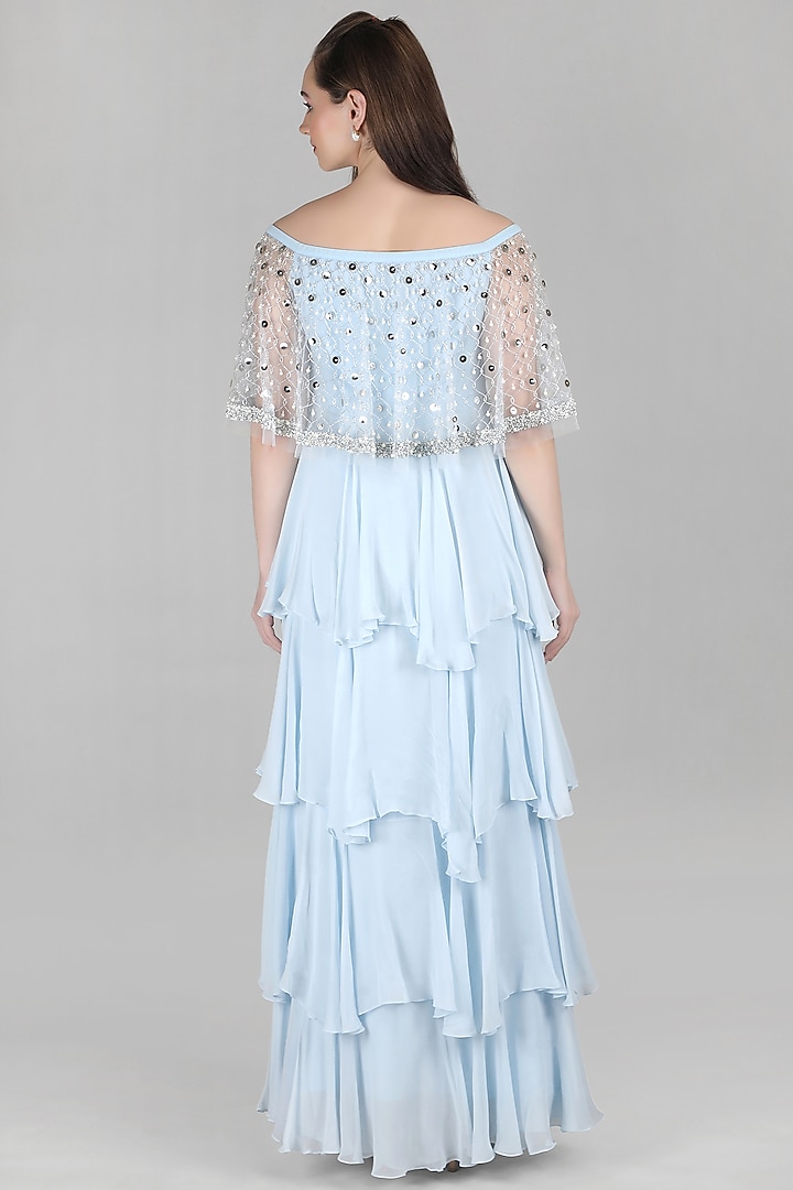 Blue Viscose Chiffon Embellished Tiered Cocktail Dress by Mandira Wirk - Resort at Pernia's Pop Up Shop