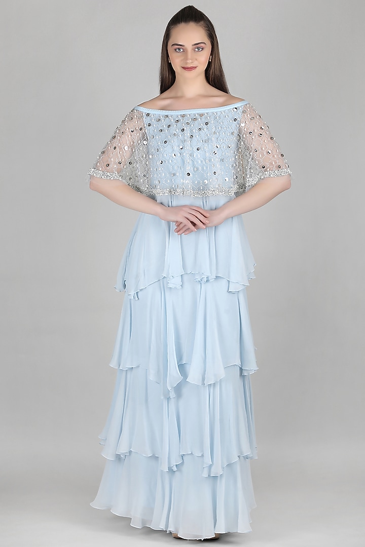 Blue Viscose Chiffon Embellished Tiered Cocktail Dress by Mandira Wirk - Resort at Pernia's Pop Up Shop