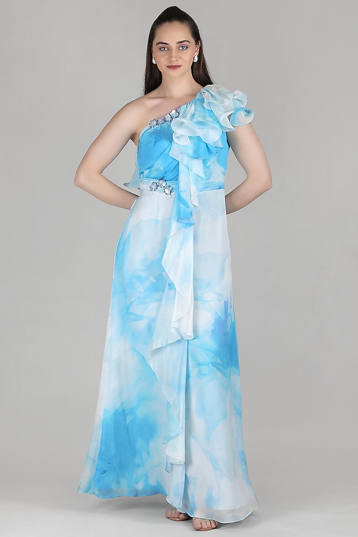 Blue Viscose Chiffon Ruffle One-Shoulder Vacation Dress by Mandira Wirk - Resort at Pernia's Pop Up Shop