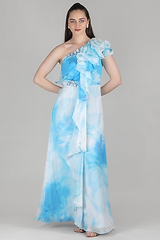 Blue Viscose Chiffon Ruffle One-Shoulder Dress by Mandira Wirk - Resort