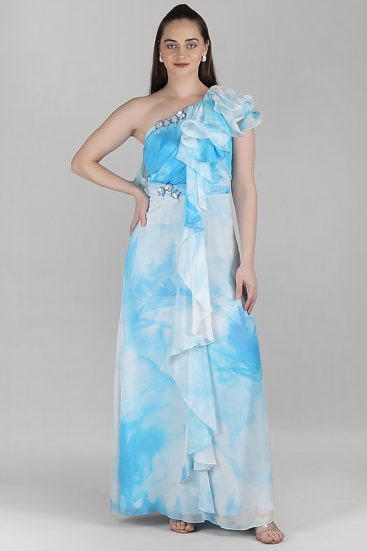 Blue Viscose Chiffon Ruffle One-Shoulder Vacation Dress by Mandira Wirk - Resort at Pernia's Pop Up Shop