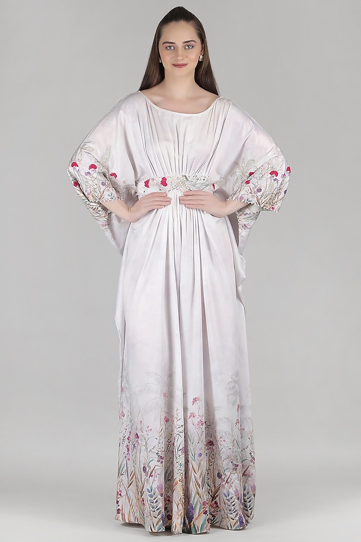 Ivory Satin Embroidered Kaftan by Mandira Wirk - Resort at Pernia's Pop Up Shop