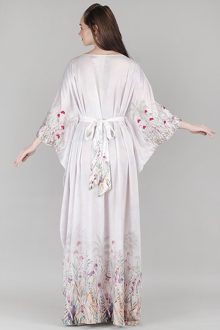 Ivory Satin Embroidered Kaftan by Mandira Wirk - Resort at Pernia's Pop Up Shop