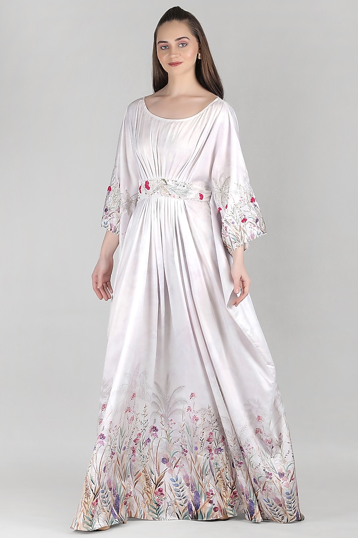 Ivory Satin Embroidered Kaftan by Mandira Wirk - Resort at Pernia's Pop Up Shop
