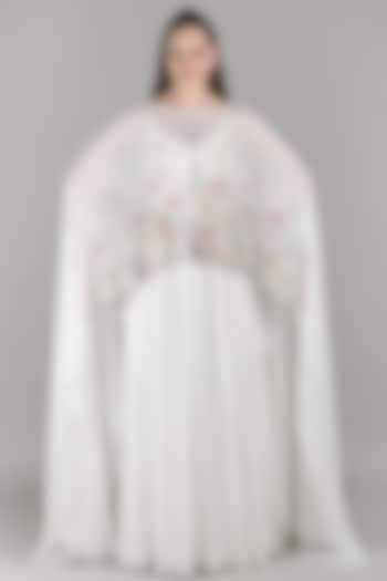 Ivory Viscose Chiffon Embroidered Cape Engagement Gown by Mandira Wirk - Resort at Pernia's Pop Up Shop