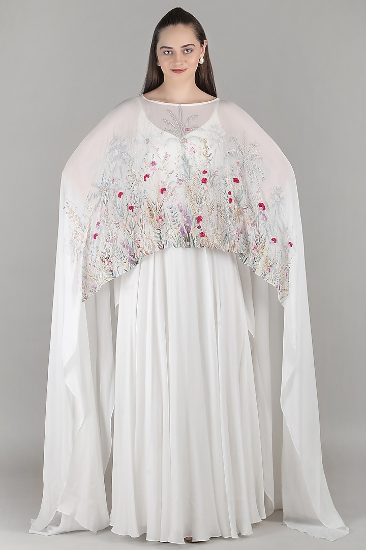 Ivory Viscose Chiffon Embroidered Cape Engagement Gown by Mandira Wirk - Resort at Pernia's Pop Up Shop