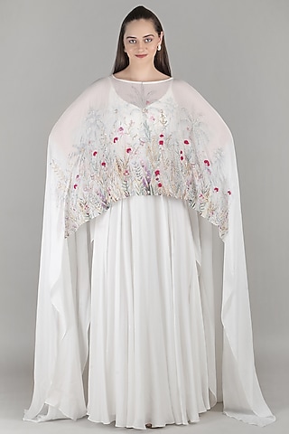 Ivory Viscose Chiffon Embroidered Cape Gown by Mandira Wirk - Resort