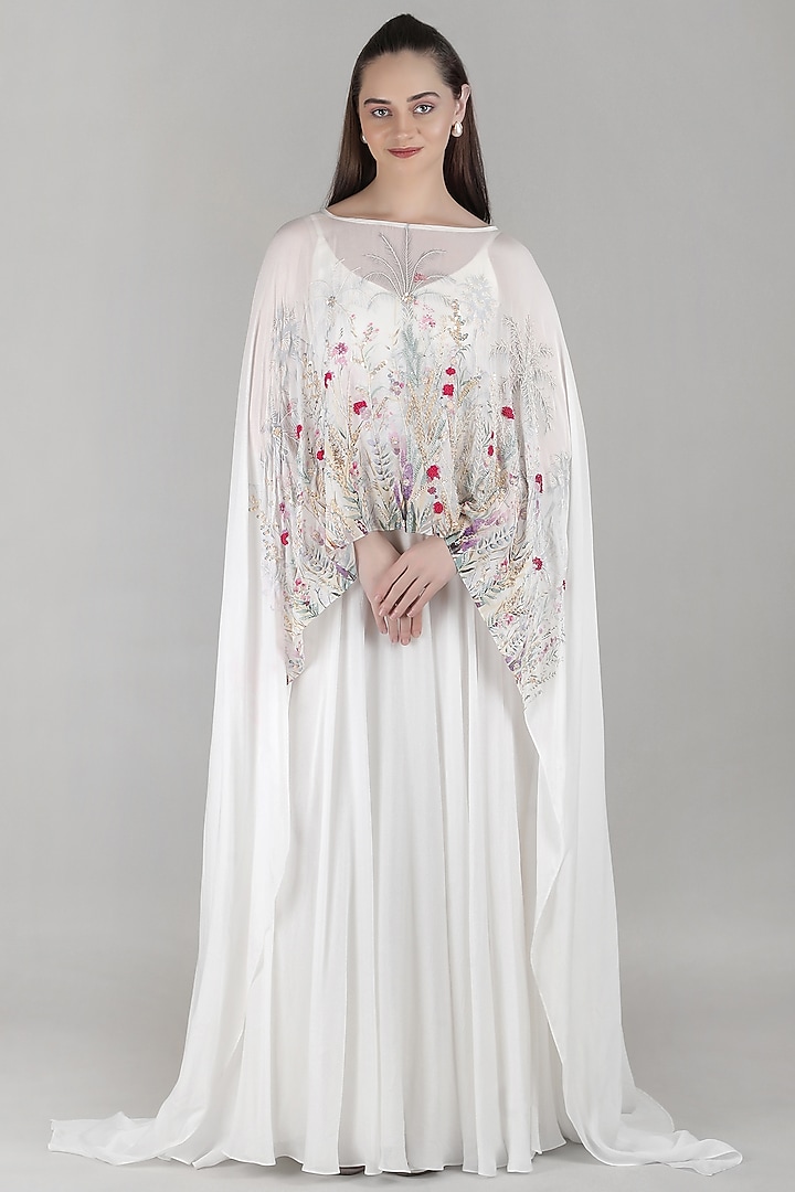Ivory Viscose Chiffon Embroidered Cape Engagement Gown by Mandira Wirk - Resort at Pernia's Pop Up Shop