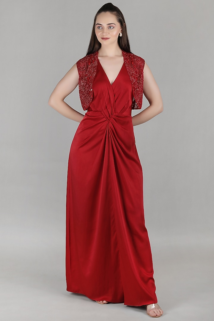 Red Satin Embroidered Sculpted Engagement Gown by Mandira Wirk - Resort at Pernia's Pop Up Shop