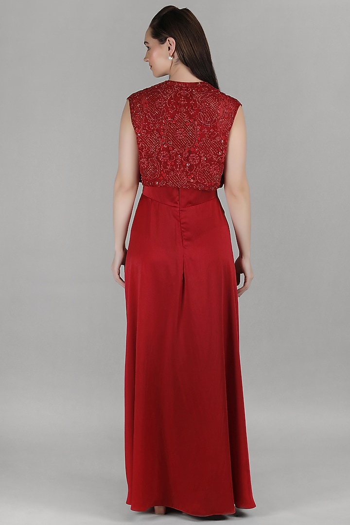 Red Satin Embroidered Sculpted Engagement Gown by Mandira Wirk - Resort at Pernia's Pop Up Shop