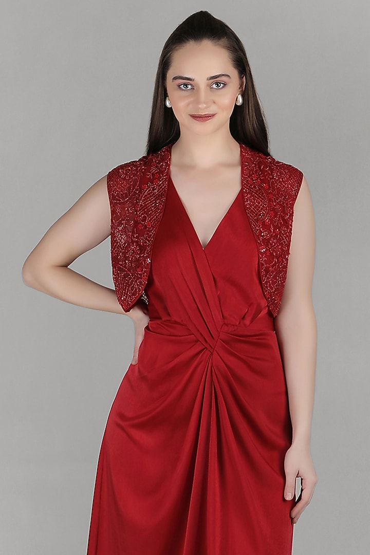 Red Satin Embroidered Sculpted Engagement Gown by Mandira Wirk - Resort at Pernia's Pop Up Shop