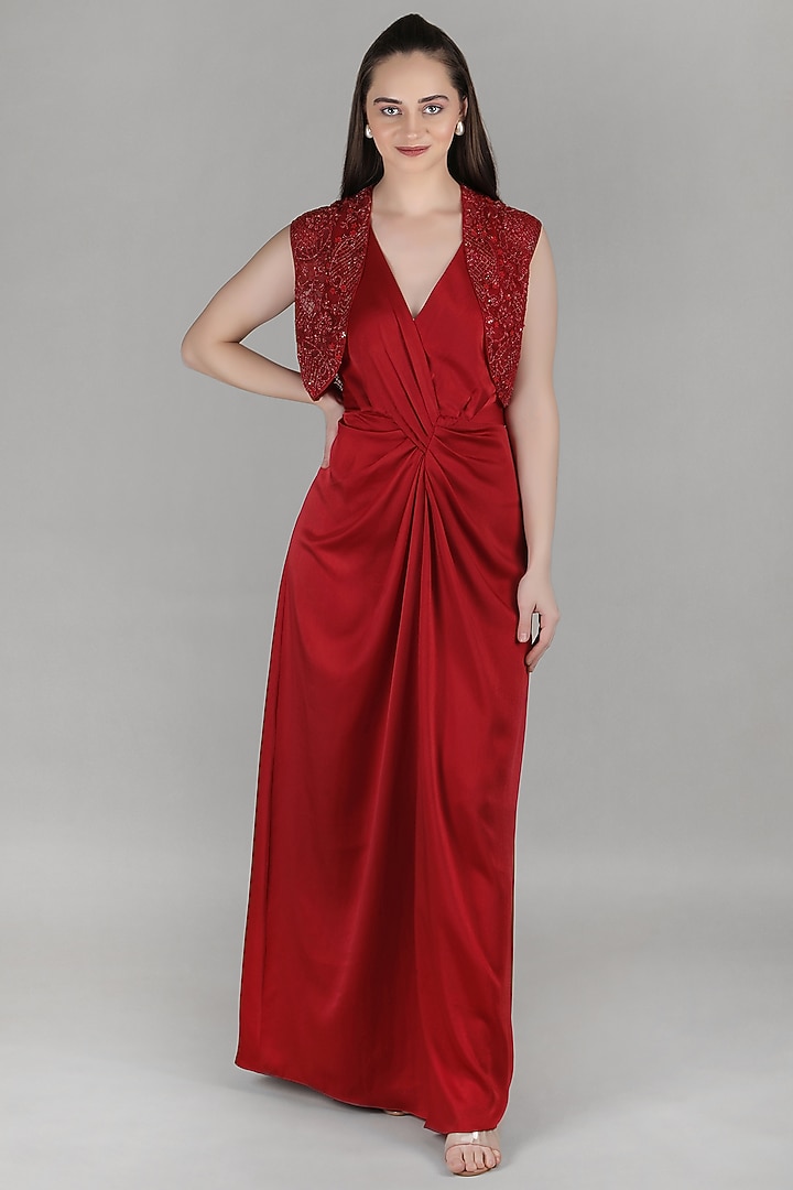 Red Satin Embroidered Sculpted Engagement Gown by Mandira Wirk - Resort at Pernia's Pop Up Shop