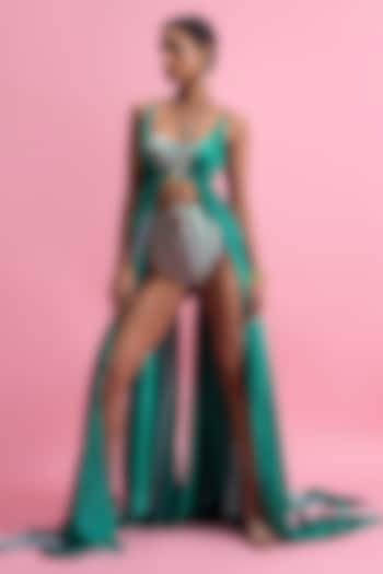 Green Armani Satin Cut-Out Bodysuit With Draped Overlay by Mandira Wirk - Resort at Pernia's Pop Up Shop