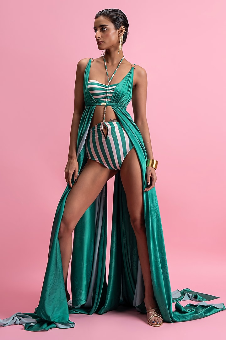 Green Armani Satin Cut-Out Bodysuit With Draped Overlay by Mandira Wirk - Resort at Pernia's Pop Up Shop