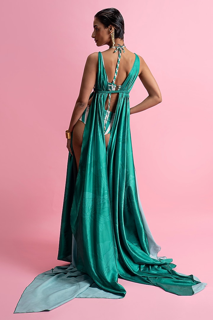 Green Armani Satin Cut-Out Bodysuit With Draped Overlay by Mandira Wirk - Resort at Pernia's Pop Up Shop