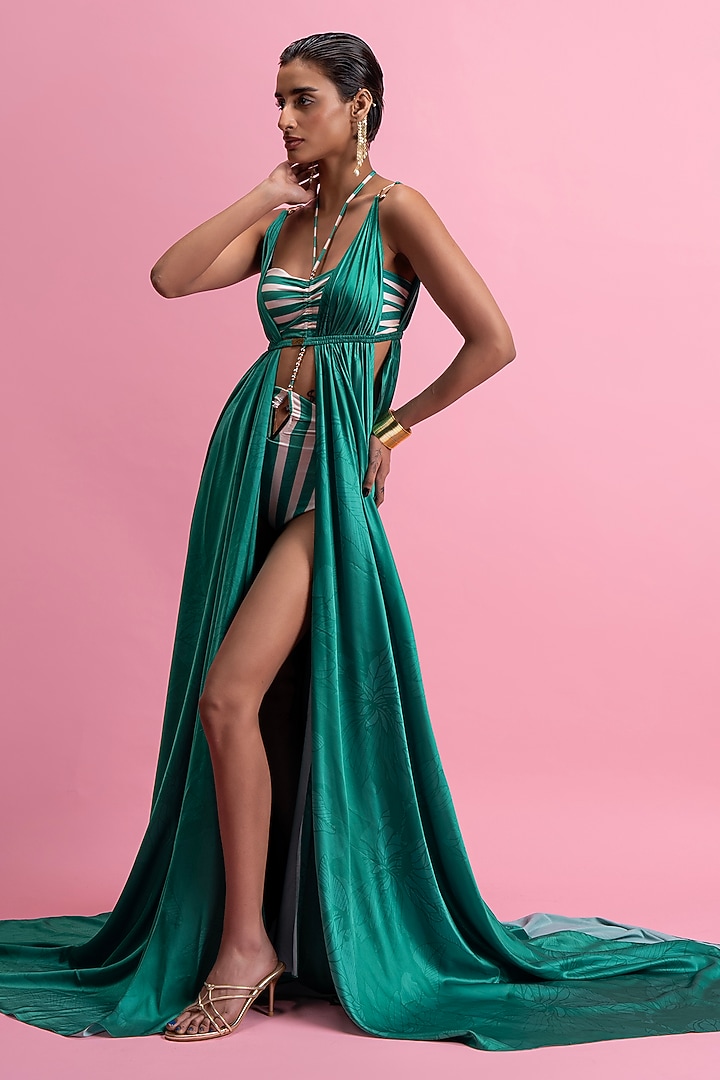 Green Armani Satin Cut-Out Bodysuit With Draped Overlay by Mandira Wirk - Resort at Pernia's Pop Up Shop