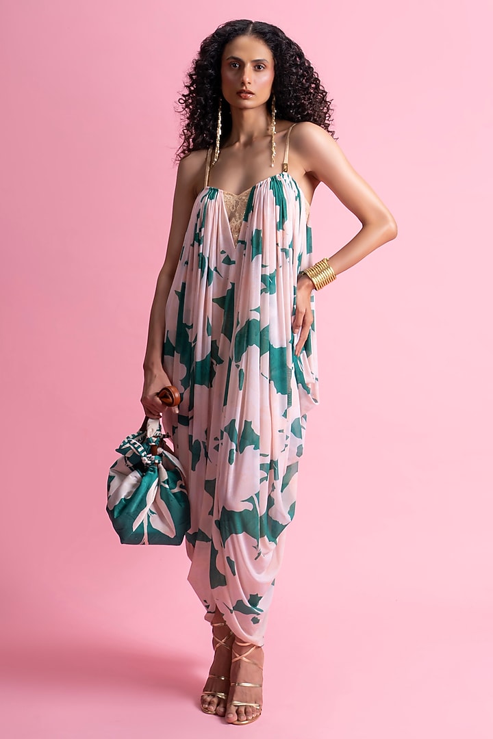 Pink & Green Mesh Embroidered Draped Cocktail Dress by Mandira Wirk - Resort at Pernia's Pop Up Shop