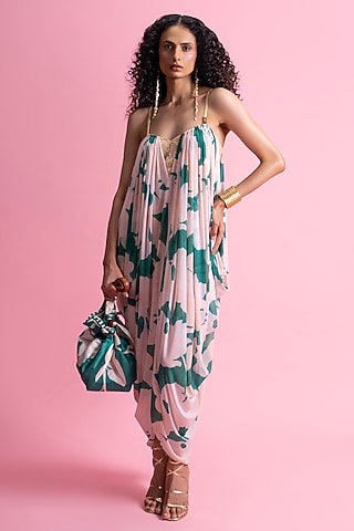 Pink & Green Mesh Embroidered Draped Dress by Mandira Wirk - Resort