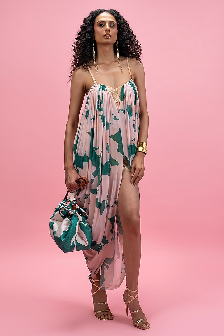 Pink & Green Mesh Embroidered Draped Cocktail Dress by Mandira Wirk - Resort at Pernia's Pop Up Shop