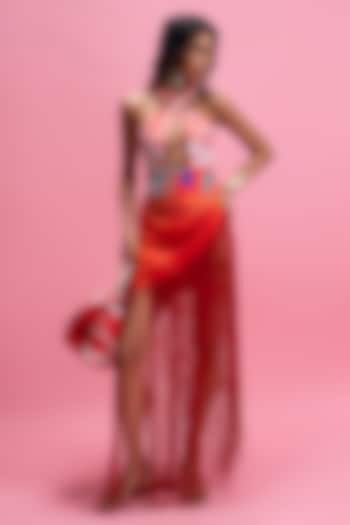 Red Armani Satin Halter Bodysuit With Skirt by Mandira Wirk - Resort at Pernia's Pop Up Shop
