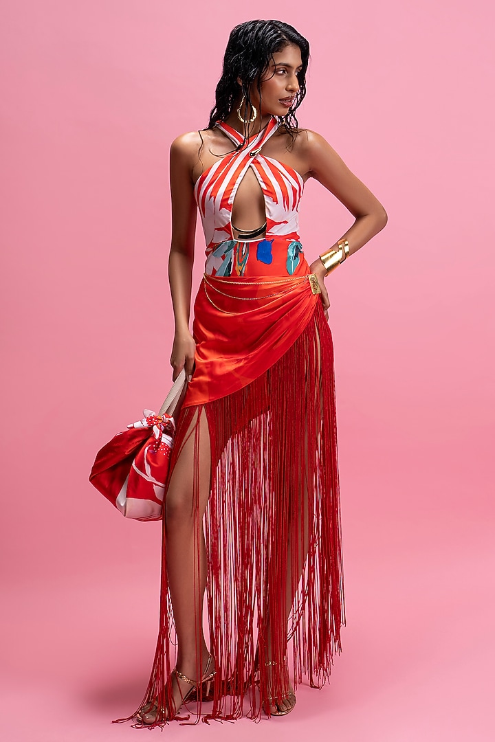 Red Armani Satin Halter Bodysuit With Skirt by Mandira Wirk - Resort at Pernia's Pop Up Shop
