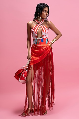 Red Armani Satin Halter Bodysuit With Skirt by Mandira Wirk - Resort