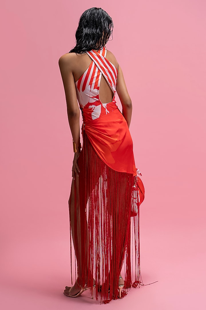 Red Armani Satin Halter Bodysuit With Skirt by Mandira Wirk - Resort at Pernia's Pop Up Shop