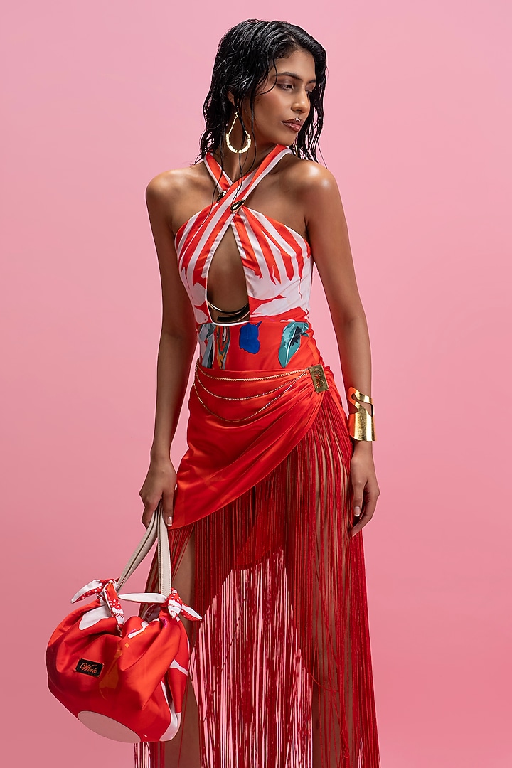 Red Armani Satin Halter Bodysuit With Skirt by Mandira Wirk - Resort at Pernia's Pop Up Shop