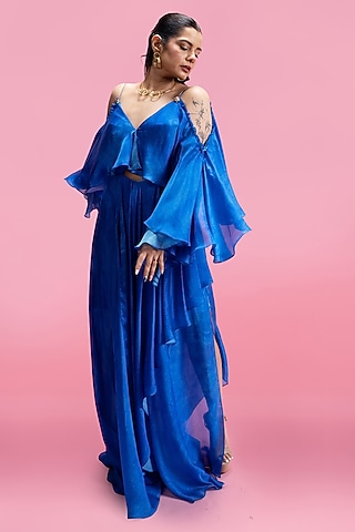 Blue Chiffon Satin Ruffled Maxi Dress by Mandira Wirk - Resort