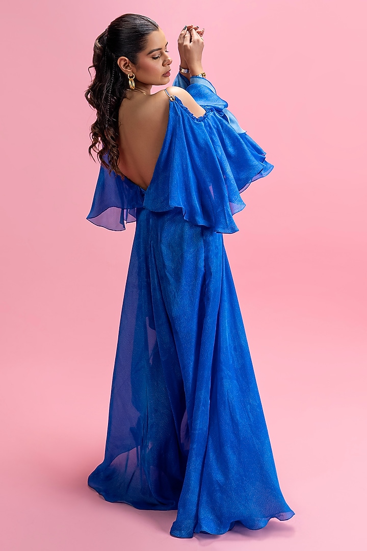 Blue Chiffon Satin Ruffled Maxi Vacation Dress by Mandira Wirk - Resort at Pernia's Pop Up Shop
