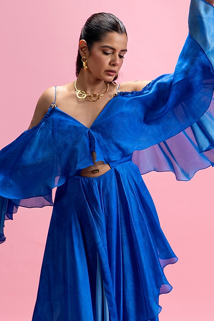 Blue Chiffon Satin Ruffled Maxi Vacation Dress by Mandira Wirk - Resort at Pernia's Pop Up Shop