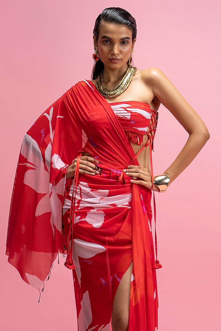 Red Mesh Draped Skirt Set by Mandira Wirk - Resort at Pernia's Pop Up Shop