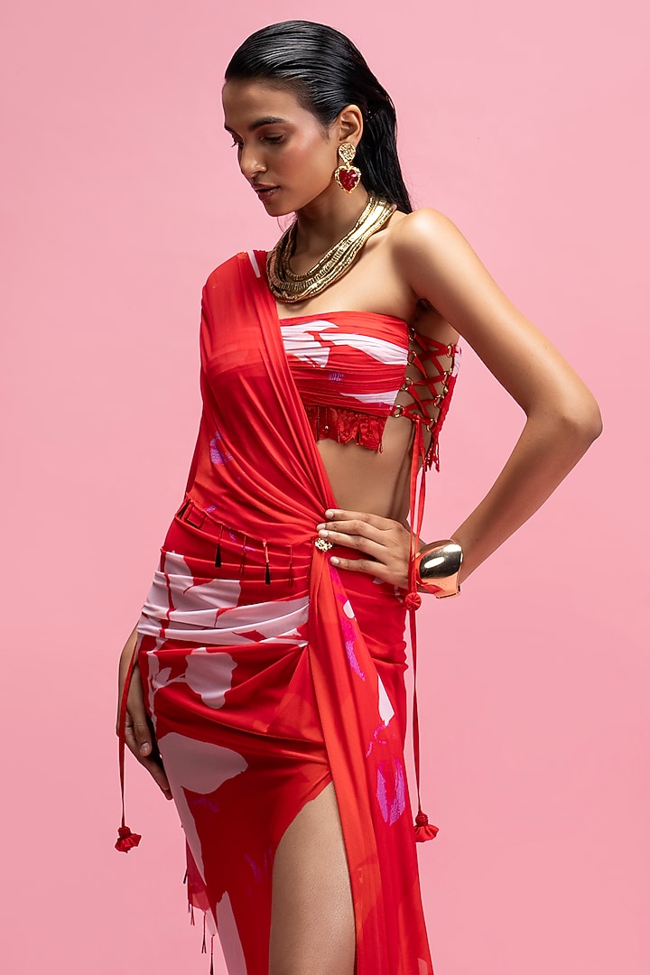 Red Mesh Draped Skirt Set by Mandira Wirk - Resort at Pernia's Pop Up Shop