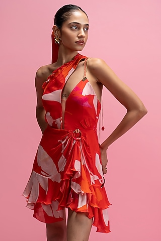 Red Viscose Chiffon One-Shoulder Layered Ruffled Dress by Mandira Wirk - Resort