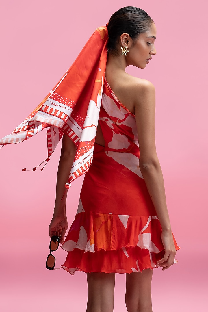 Red Viscose Chiffon One-Shoulder Layered Ruffled Vacation Dress by Mandira Wirk - Resort at Pernia's Pop Up Shop
