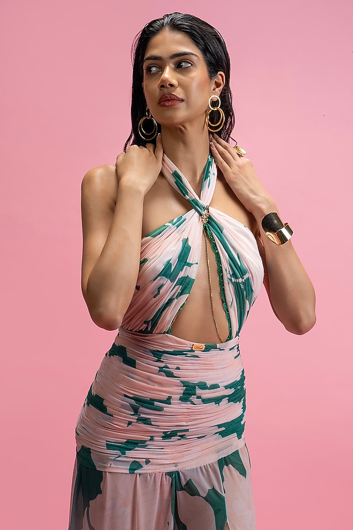 Green Mesh Halter Draped Cocktail Dress by Mandira Wirk - Resort at Pernia's Pop Up Shop