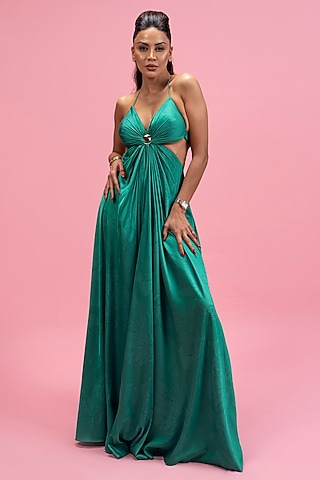 Green Armani Satin Draped Halter Maxi Dress by Mandira Wirk - Resort