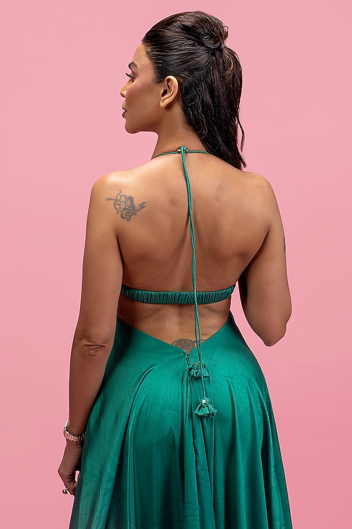 Green Armani Satin Draped Halter Maxi Vacation Dress by Mandira Wirk - Resort at Pernia's Pop Up Shop