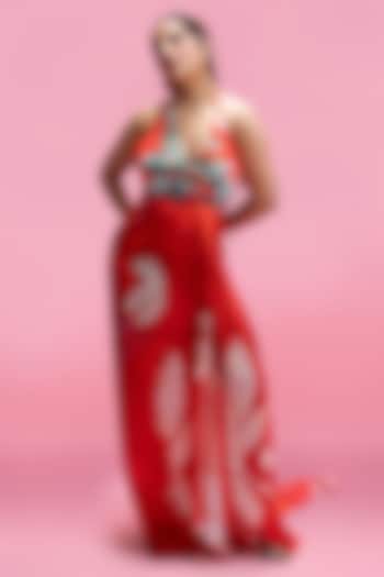 Red Armani Satin Placement Printed Draped Vacation Dress by Mandira Wirk - Resort at Pernia's Pop Up Shop