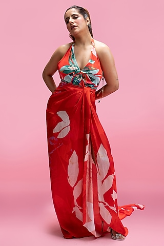 Red Armani Satin Placement Printed Draped Dress by Mandira Wirk - Resort