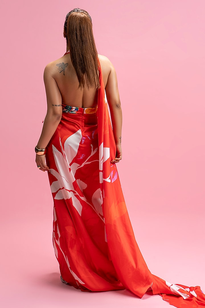 Red Armani Satin Placement Printed Draped Vacation Dress by Mandira Wirk - Resort at Pernia's Pop Up Shop